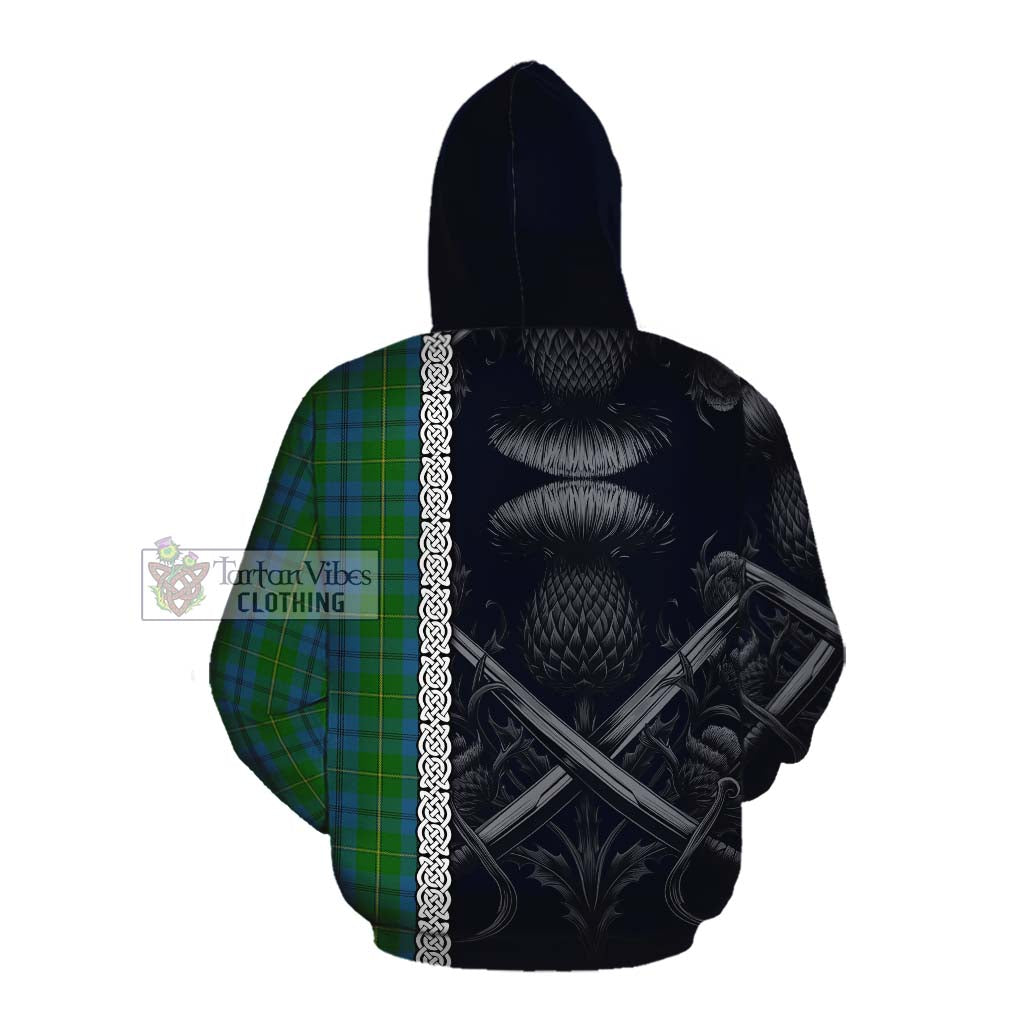 Tartan Vibes Clothing Johnstone (Johnston) Tartan Cotton Hoodie with Family Crest Cross Sword Thistle Celtic Vibes