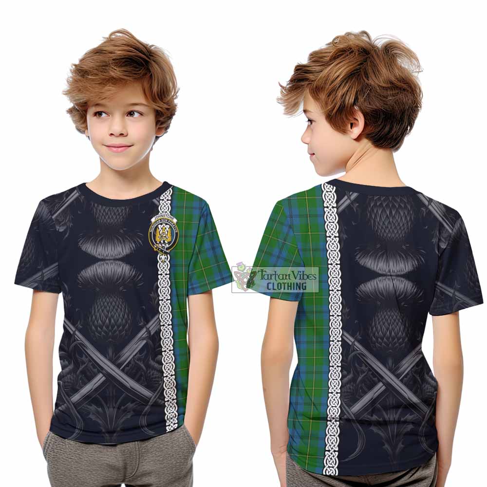 Tartan Vibes Clothing Johnstone (Johnston) Tartan Kid T-Shirt with Family Crest Cross Sword Thistle Celtic Vibes