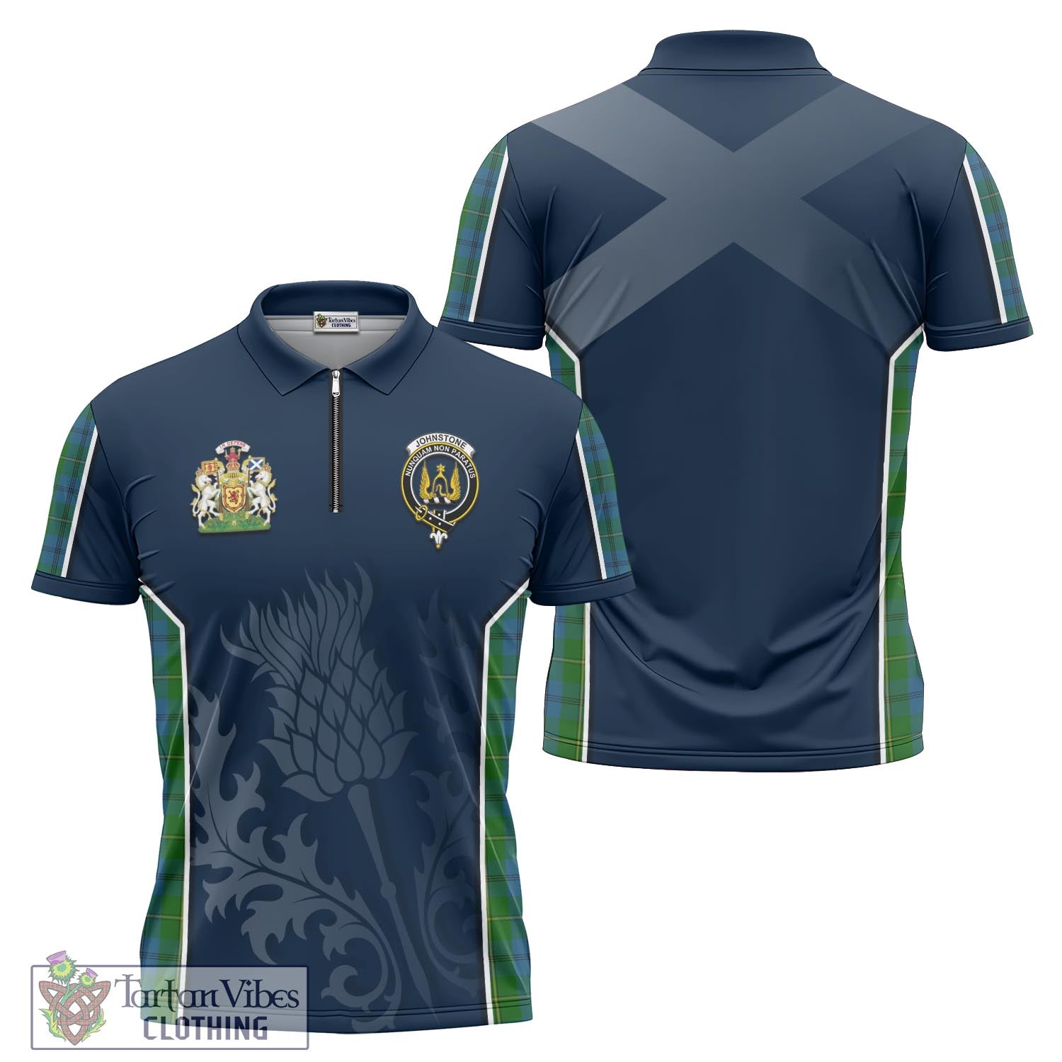 Tartan Vibes Clothing Johnstone-Johnston Tartan Zipper Polo Shirt with Family Crest and Scottish Thistle Vibes Sport Style