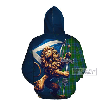 Tartan Vibes Clothing Johnstone (Johnston) Tartan Family Crest Cotton Hoodie with Scottish Majestic Lion