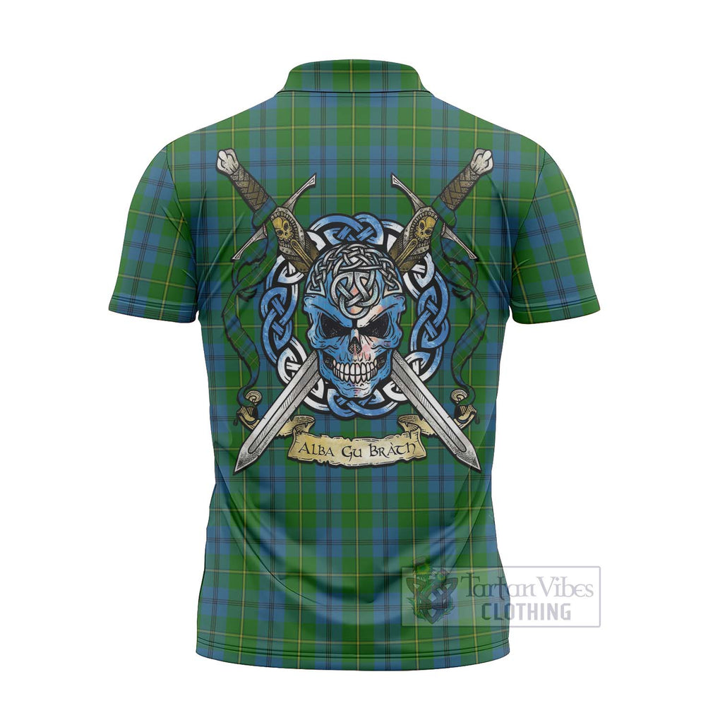 Tartan Vibes Clothing Johnstone (Johnston) Tartan Zipper Polo Shirt with Family Crest Celtic Skull Style
