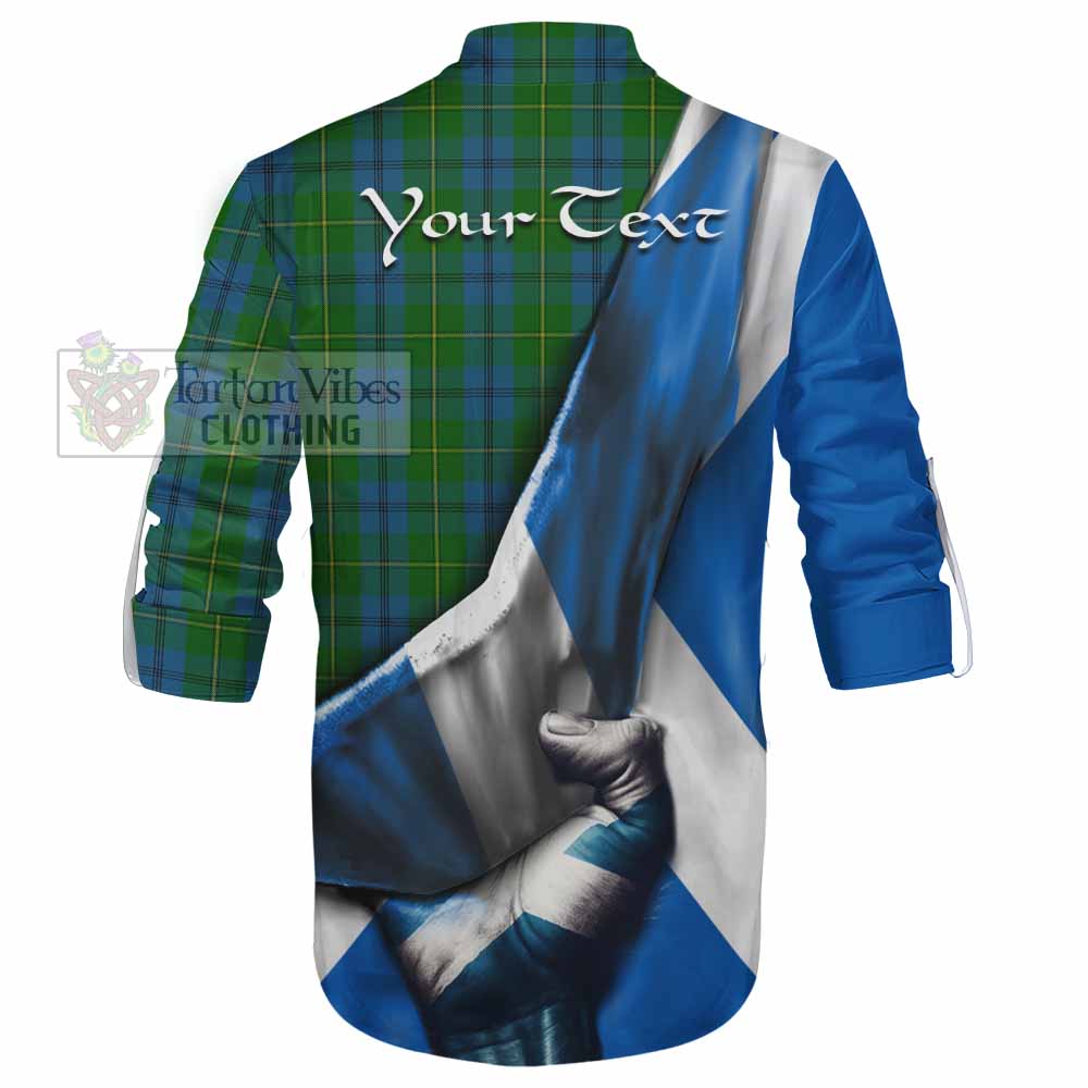 Tartan Vibes Clothing Johnstone (Johnston) Tartan Ghillie Kilt Shirt with Family Crest Scotland Patriotic Style