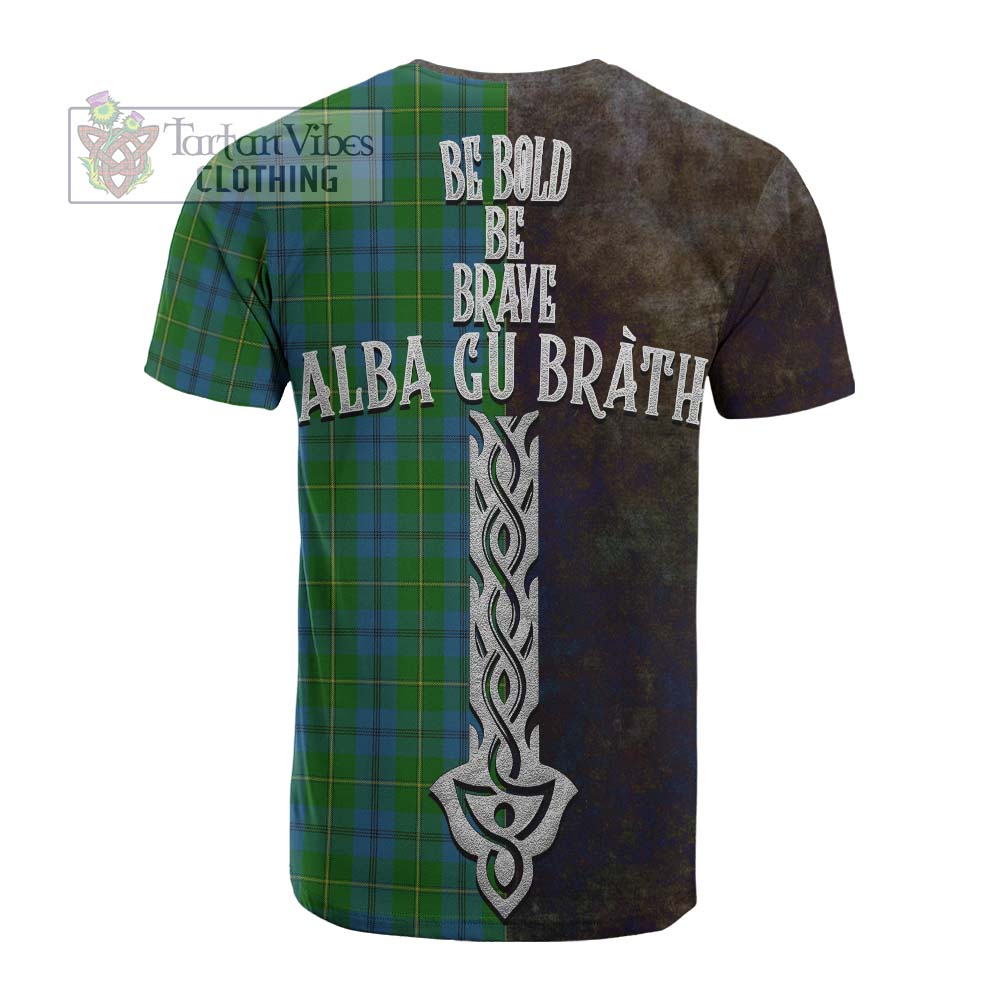 Tartan Vibes Clothing Johnstone (Johnston) Tartan Family Crest Cotton T-shirt Alba Gu Brath Be Brave Lion Ancient Style
