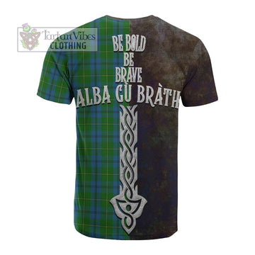 Johnstone (Johnston) Tartan Family Crest Cotton T-shirt Alba Gu Brath Be Brave Lion Ancient Style