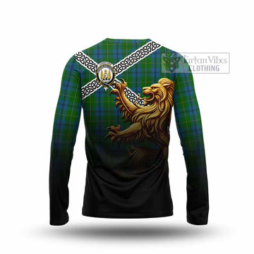 Tartan Vibes Clothing Johnstone (Johnston) Crest Tartan Long Sleeve T-Shirt with Golden Lion Emblem Celtic Style
