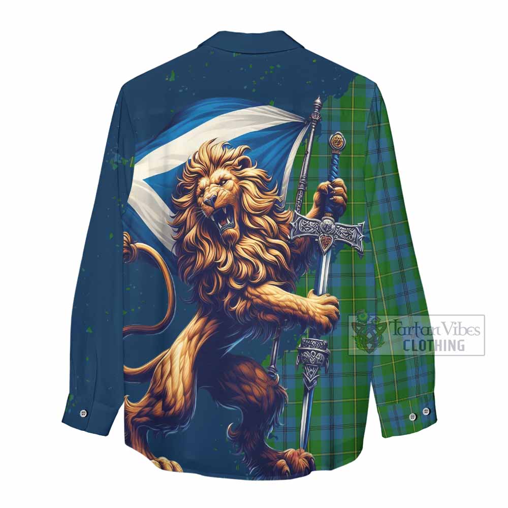 Tartan Vibes Clothing Johnstone (Johnston) Tartan Family Crest Women's Casual Shirt with Scottish Majestic Lion