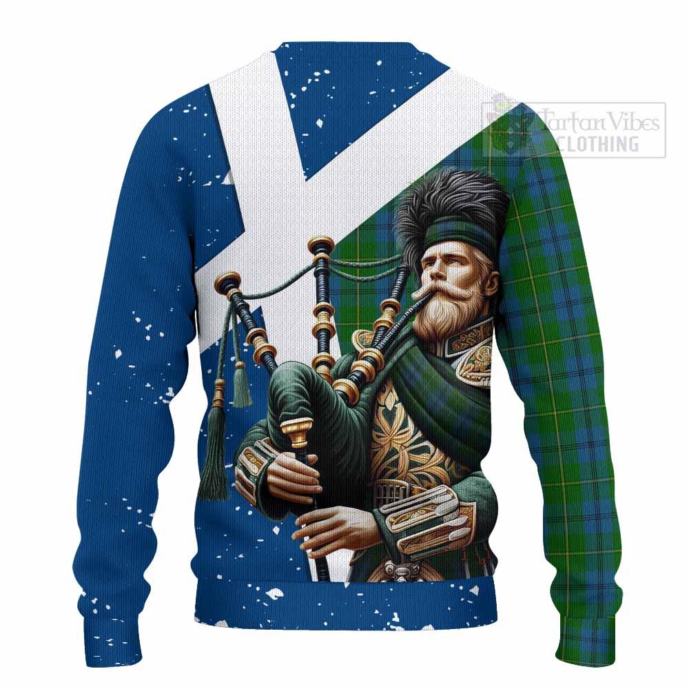 Tartan Vibes Clothing Johnstone (Johnston) Tartan Knitted Sweater with Family Crest Scottish Bagpiper Vibes