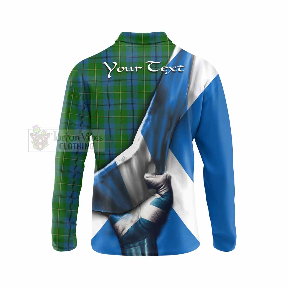 Tartan Vibes Clothing Johnstone (Johnston) Tartan Long Sleeve Polo Shirt with Family Crest Scotland Patriotic Style