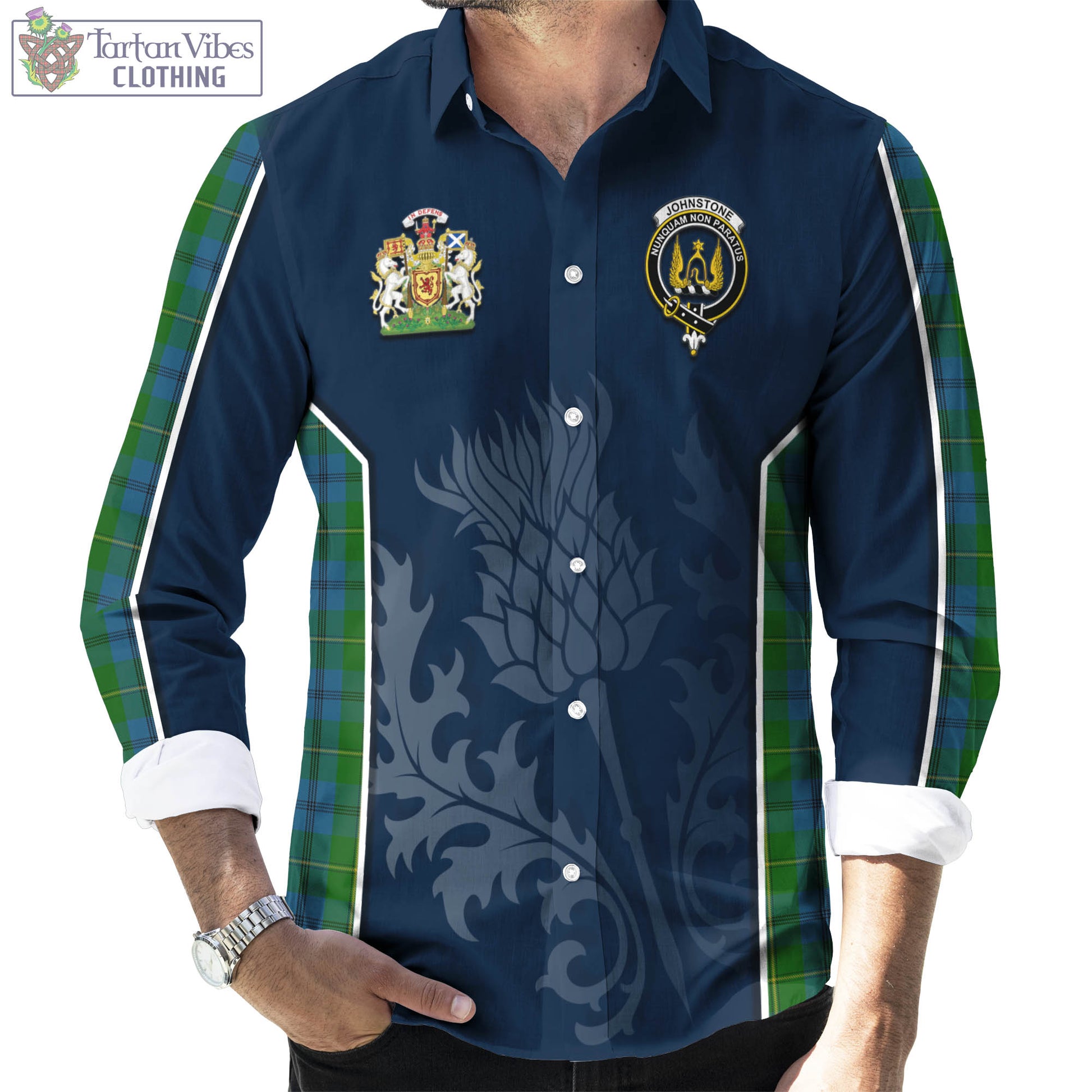 Tartan Vibes Clothing Johnstone-Johnston Tartan Long Sleeve Button Up Shirt with Family Crest and Scottish Thistle Vibes Sport Style