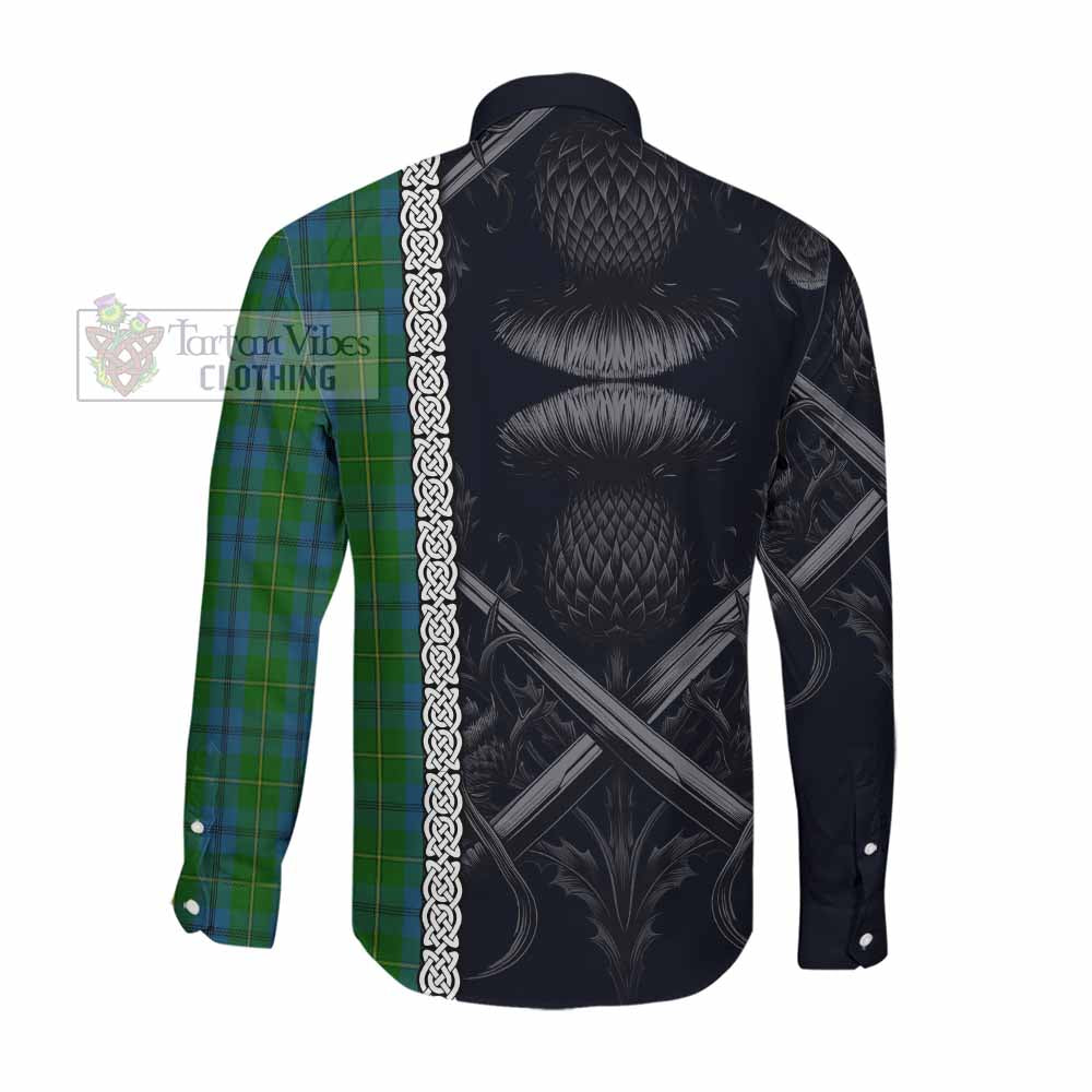 Tartan Vibes Clothing Johnstone (Johnston) Tartan Long Sleeve Button Shirt with Family Crest Cross Sword Thistle Celtic Vibes