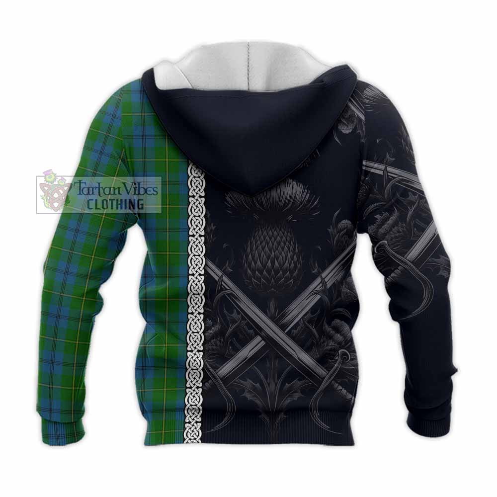 Tartan Vibes Clothing Johnstone (Johnston) Tartan Knitted Hoodie with Family Crest Cross Sword Thistle Celtic Vibes