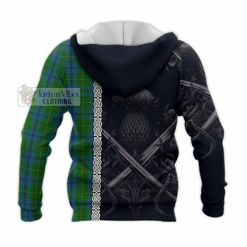 Tartan Vibes Clothing Johnstone (Johnston) Tartan Knitted Hoodie with Family Crest Cross Sword Thistle Celtic Vibes