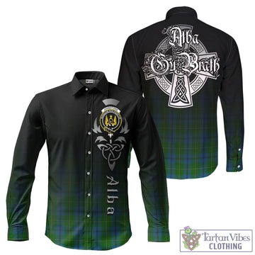 Johnstone (Johnston) Tartan Long Sleeve Button Up Featuring Alba Gu Brath Family Crest Celtic Inspired
