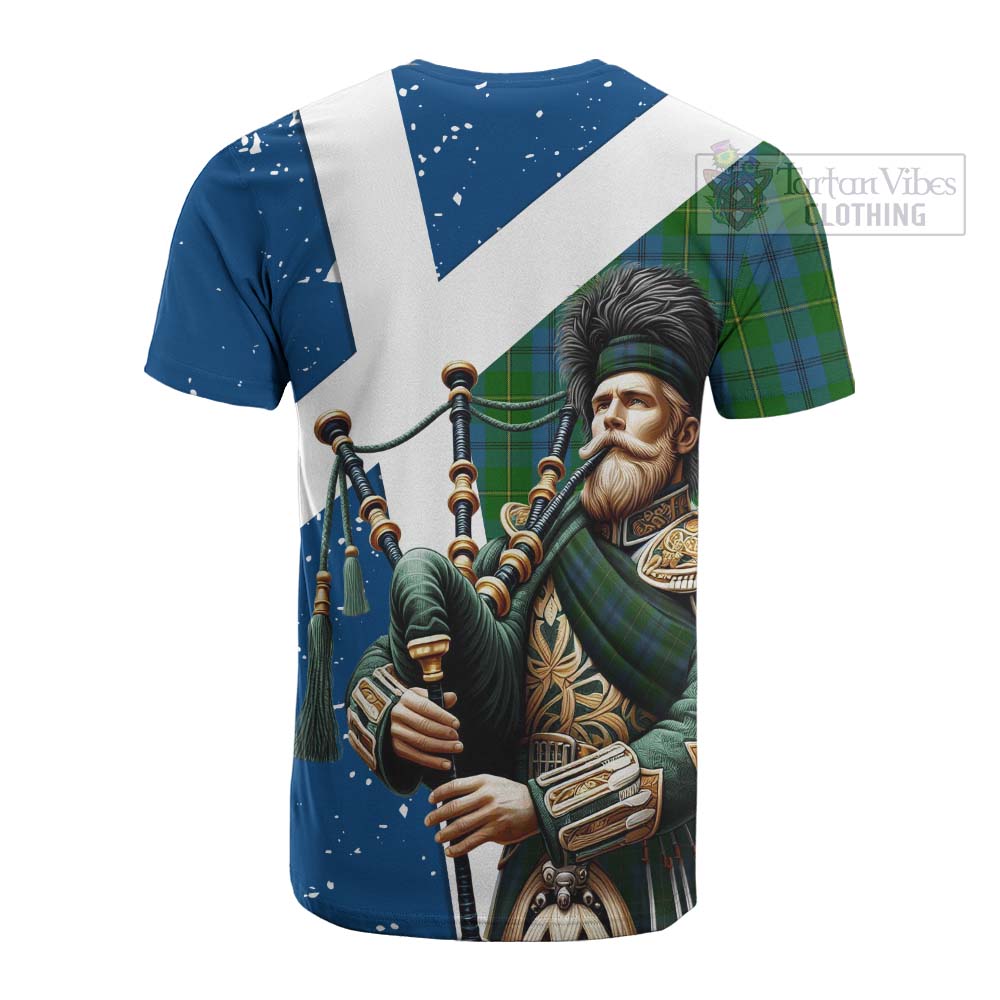 Tartan Vibes Clothing Johnstone (Johnston) Tartan Cotton T-shirt with Family Crest Scottish Bagpiper Vibes