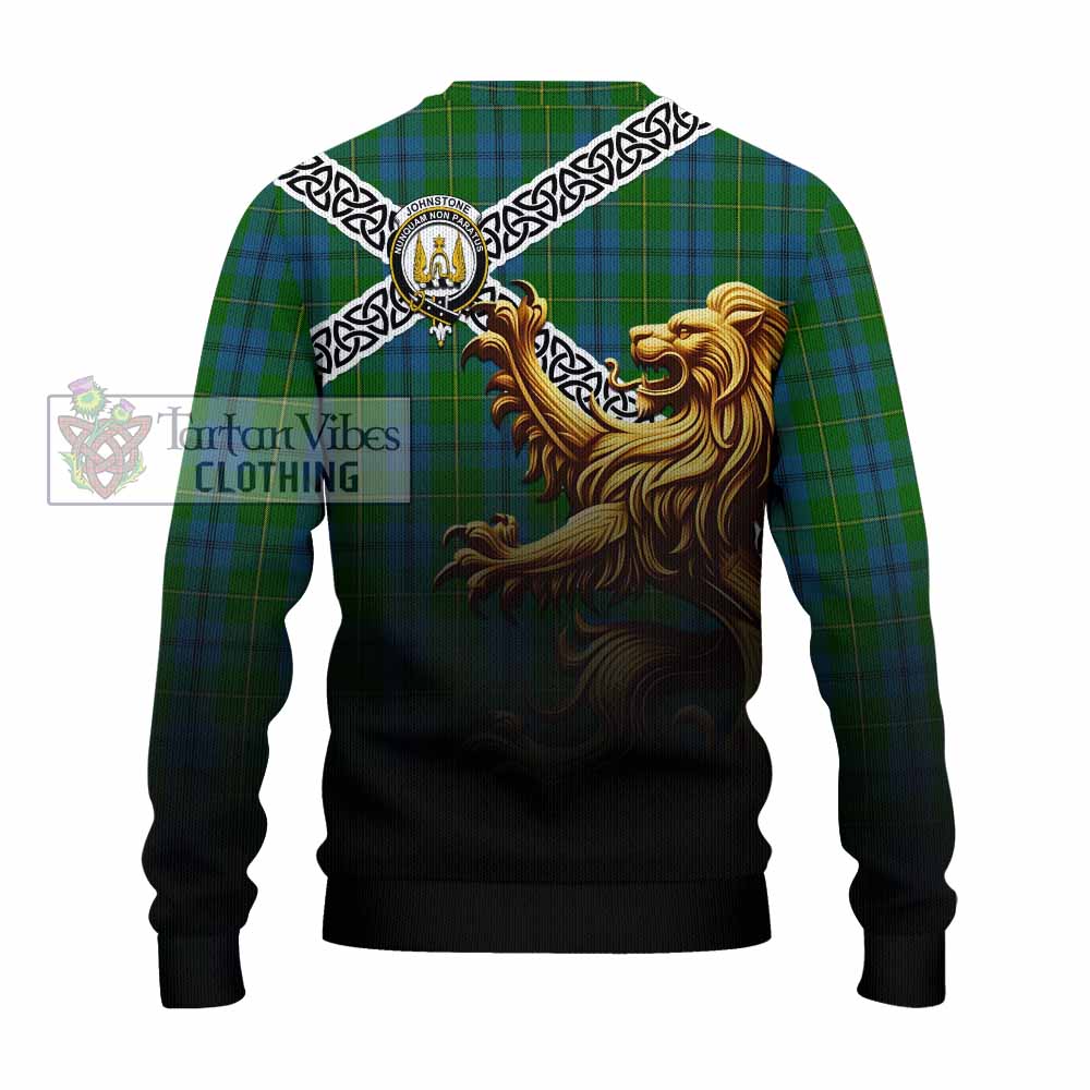 Tartan Vibes Clothing Johnstone (Johnston) Crest Tartan Knitted Sweater with Golden Lion Emblem Celtic Style