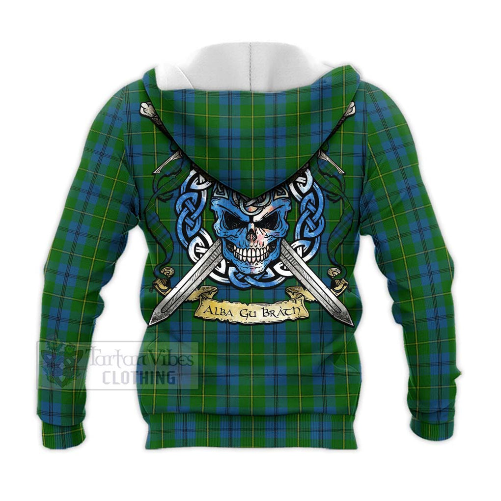 Tartan Vibes Clothing Johnstone (Johnston) Tartan Knitted Hoodie with Family Crest Celtic Skull Style