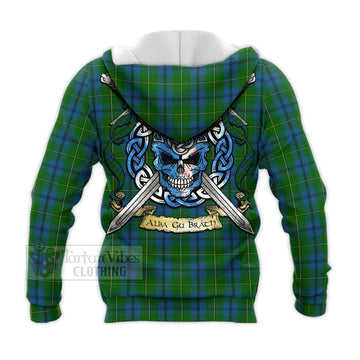 Tartan Vibes Clothing Johnstone (Johnston) Tartan Knitted Hoodie with Family Crest Celtic Skull Style