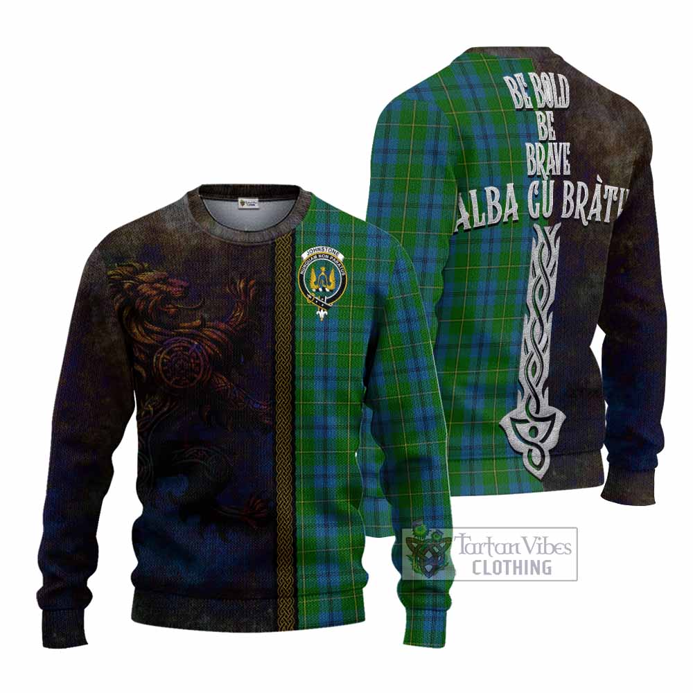 Tartan Vibes Clothing Johnstone (Johnston) Tartan Family Crest Knitted Sweater Alba Gu Brath Be Brave Lion Ancient Style