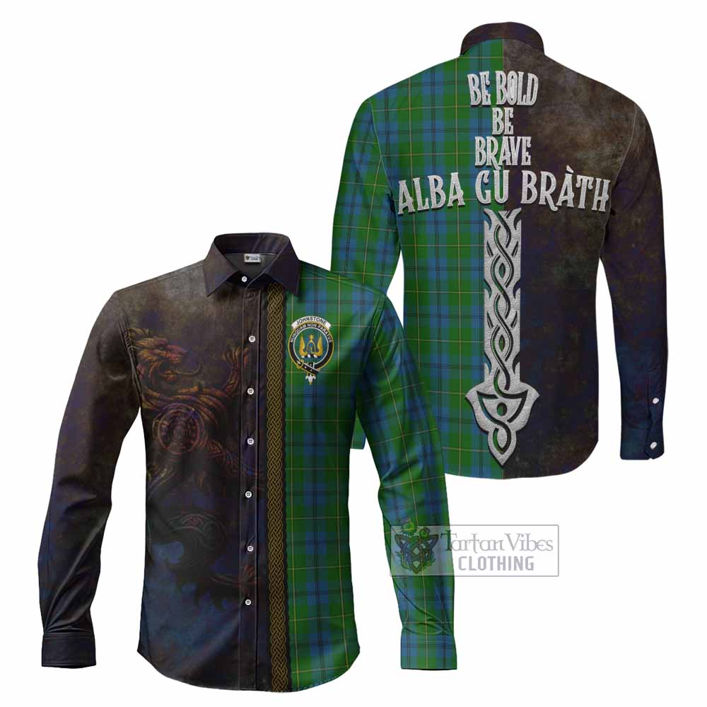 Tartan Vibes Clothing Johnstone (Johnston) Tartan Family Crest Long Sleeve Button Shirt Alba Gu Brath Be Brave Lion Ancient Style