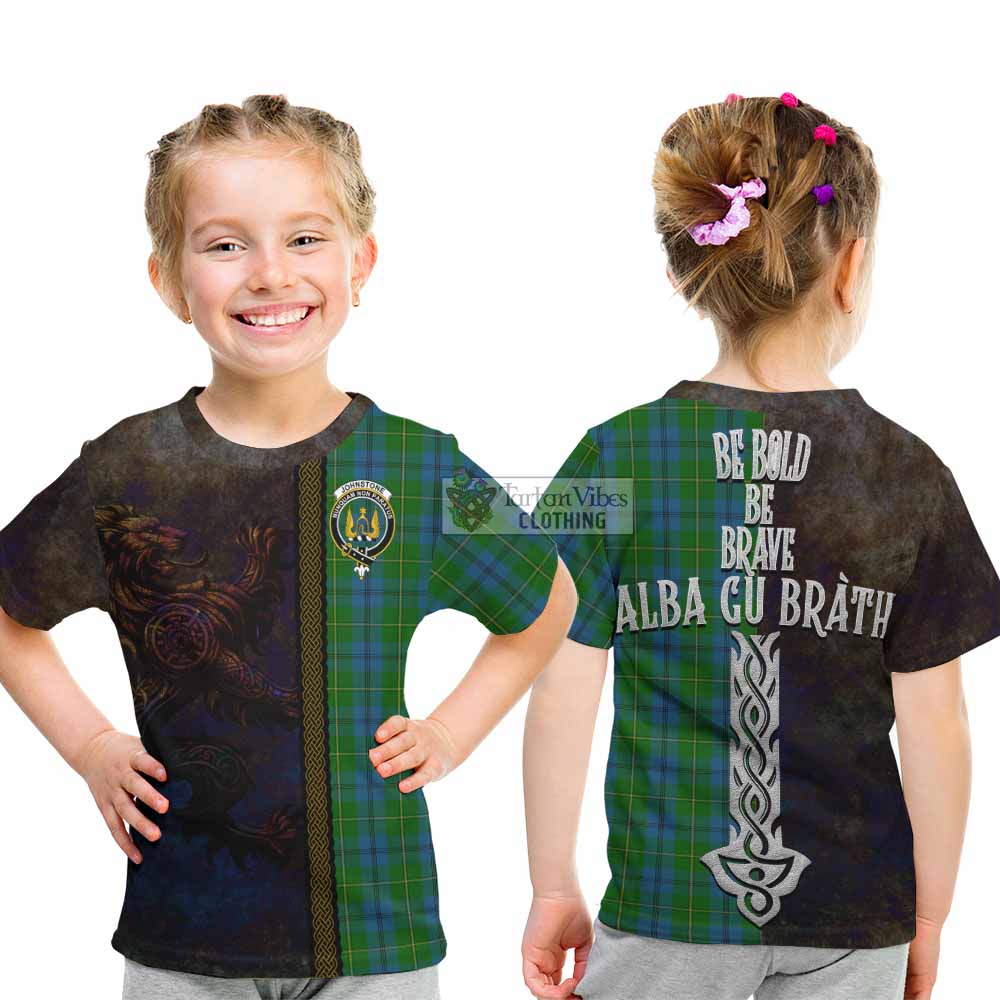 Tartan Vibes Clothing Johnstone (Johnston) Tartan Family Crest Kid T-Shirt Alba Gu Brath Be Brave Lion Ancient Style
