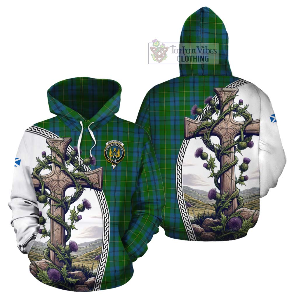 Tartan Vibes Clothing Johnstone (Johnston) Tartan Cotton Hoodie with Family Crest and St. Andrew's Cross Accented by Thistle Vines