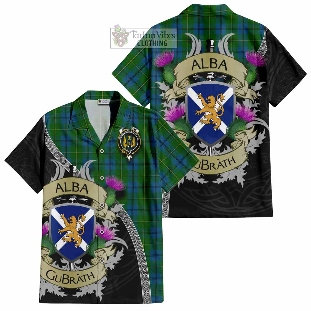 Tartan Vibes Clothing Johnstone (Johnston) Tartan Family Crest Short Sleeve Button Shirt Lion Rampant Royal Thistle Shield Celtic Inspired