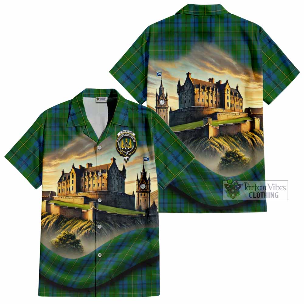 Tartan Vibes Clothing Johnstone (Johnston) Tartan Family Crest Short Sleeve Button Shirt with Scottish Ancient Castle Style