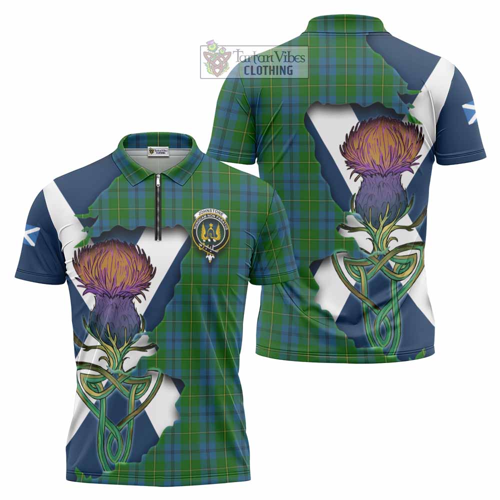 Tartan Vibes Clothing Johnstone (Johnston) Tartan Family Crest Zipper Polo Shirt Scottish Thistle Celtic Inspired