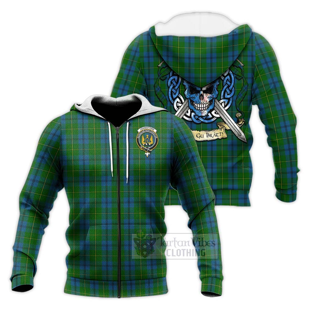 Tartan Vibes Clothing Johnstone (Johnston) Tartan Knitted Hoodie with Family Crest Celtic Skull Style