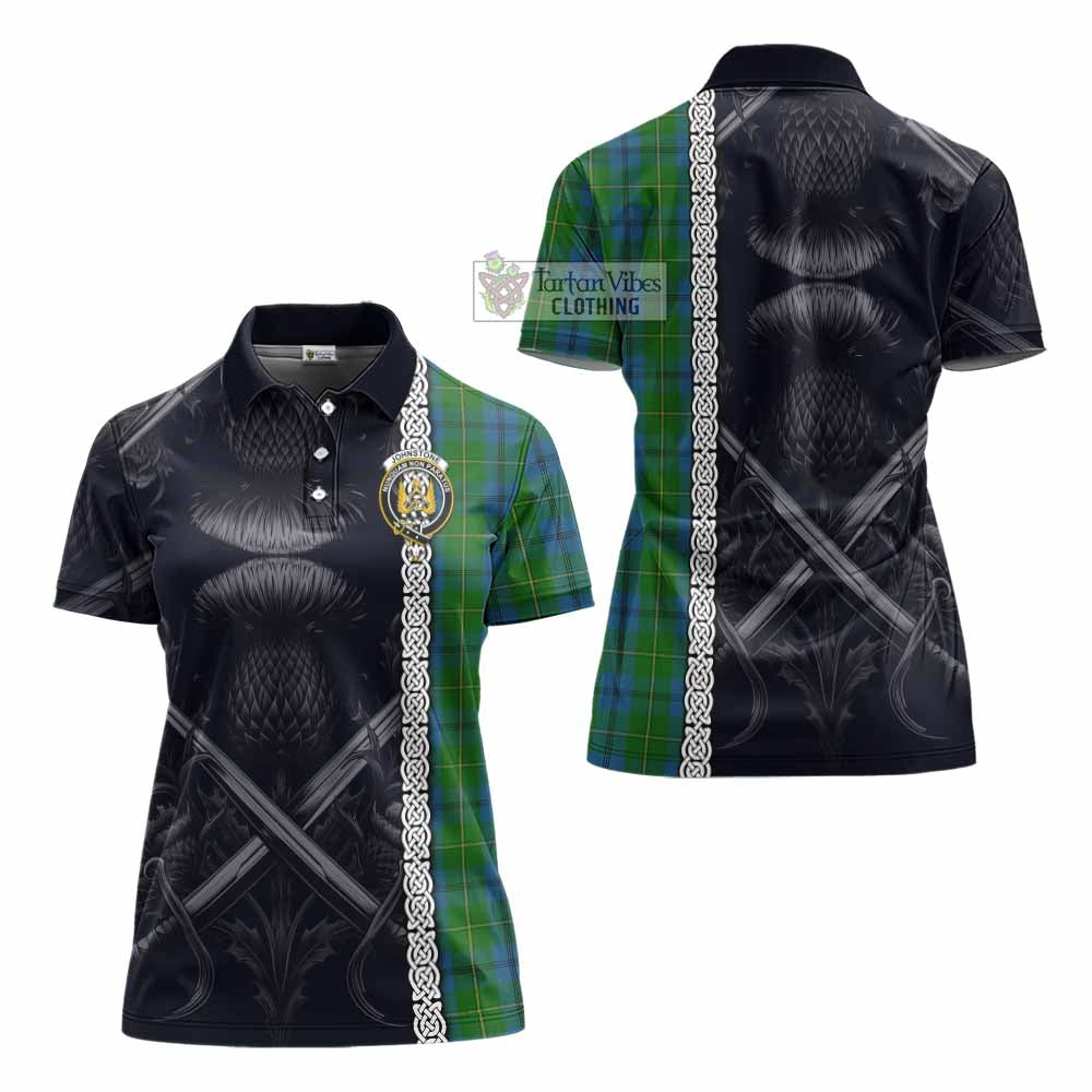 Tartan Vibes Clothing Johnstone (Johnston) Tartan Women's Polo Shirt with Family Crest Cross Sword Thistle Celtic Vibes