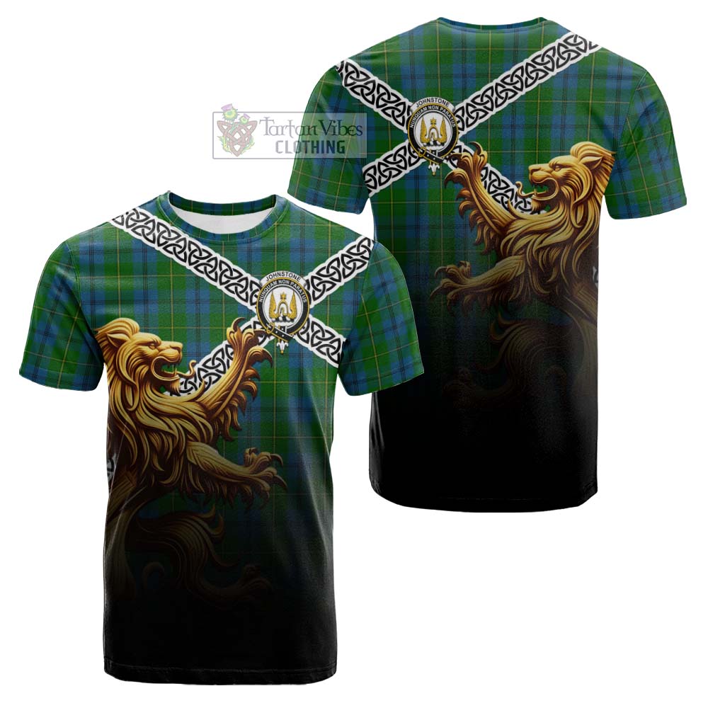 Tartan Vibes Clothing Johnstone (Johnston) Crest Tartan Cotton T-shirt with Golden Lion Emblem Celtic Style