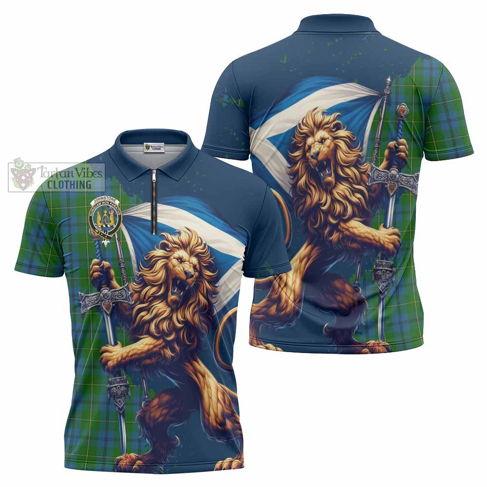 Tartan Vibes Clothing Johnstone (Johnston) Tartan Family Crest Zipper Polo Shirt with Scottish Majestic Lion