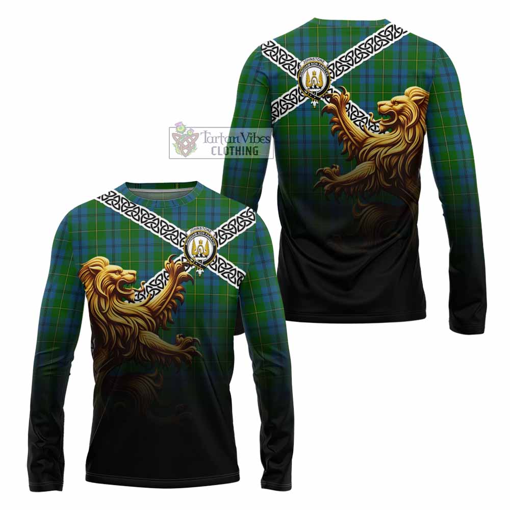 Tartan Vibes Clothing Johnstone (Johnston) Crest Tartan Long Sleeve T-Shirt with Golden Lion Emblem Celtic Style