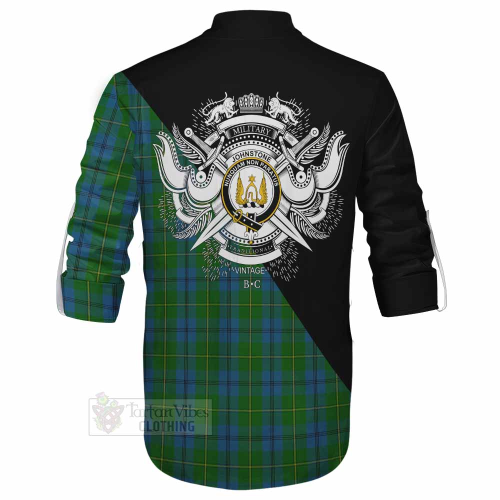Tartan Vibes Clothing Johnstone (Johnston) Tartan Ghillie Kilt Shirt with Family Crest and Military Logo Style
