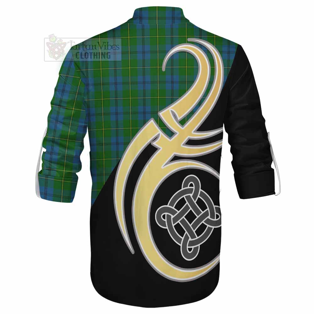 Tartan Vibes Clothing Johnstone (Johnston) Tartan Ghillie Kilt Shirt with Family Crest and Celtic Symbol Style
