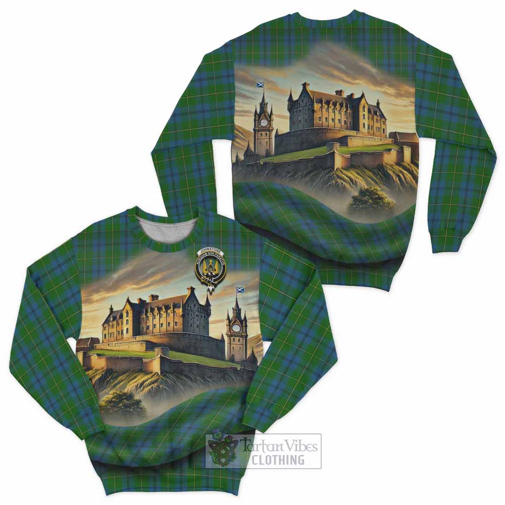 Tartan Vibes Clothing Johnstone (Johnston) Tartan Family Crest Sweatshirt with Scottish Ancient Castle Style