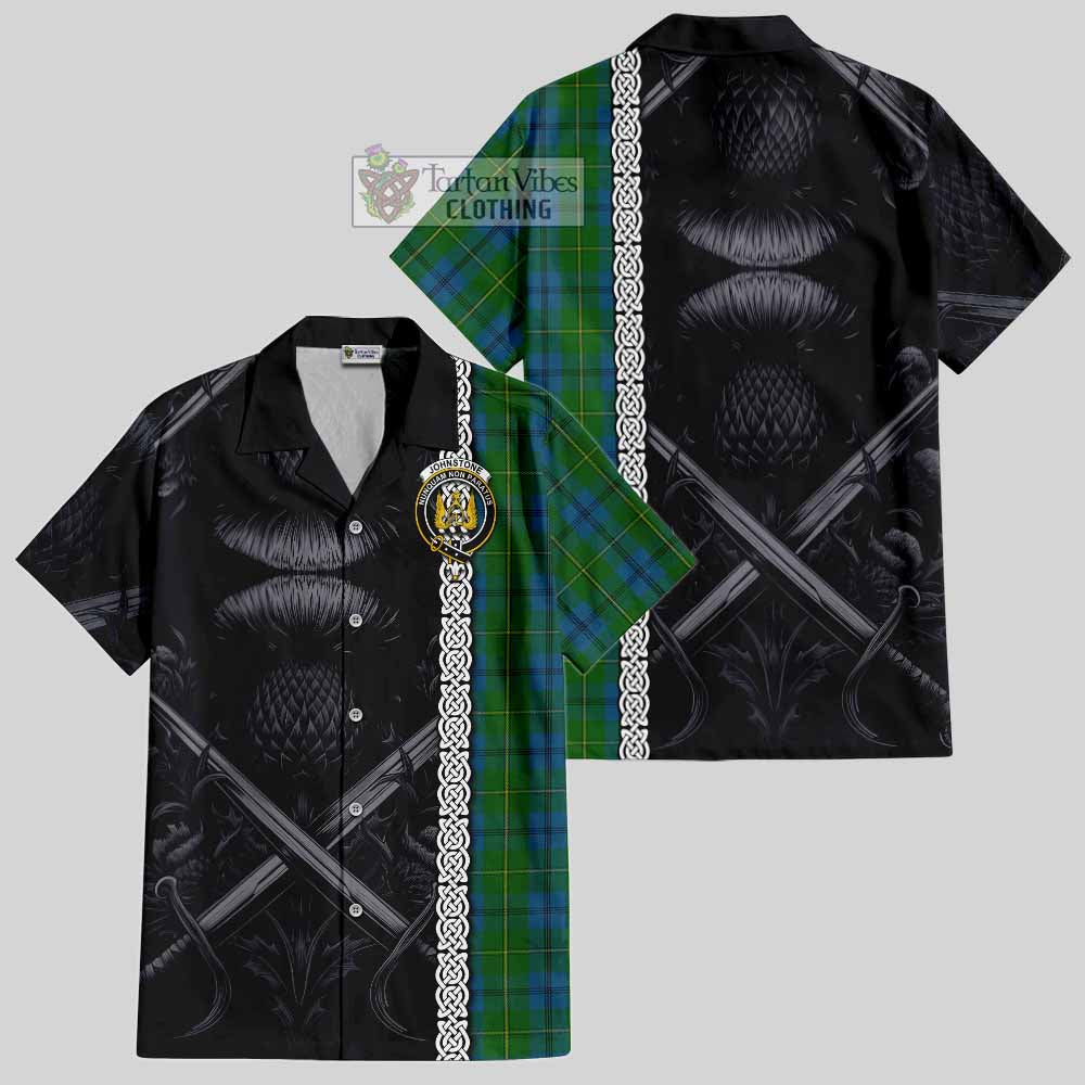 Tartan Vibes Clothing Johnstone (Johnston) Tartan Short Sleeve Button Shirt with Family Crest Cross Sword Thistle Celtic Vibes