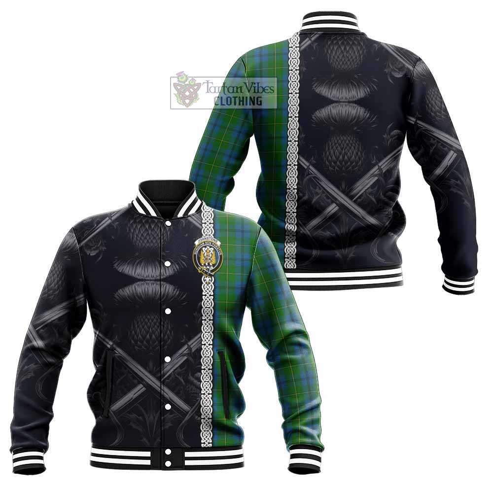 Tartan Vibes Clothing Johnstone (Johnston) Tartan Baseball Jacket with Family Crest Cross Sword Thistle Celtic Vibes