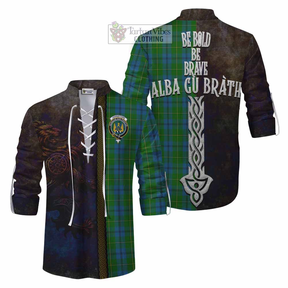 Tartan Vibes Clothing Johnstone (Johnston) Tartan Family Crest Ghillie Kilt Shirt Alba Gu Brath Be Brave Lion Ancient Style