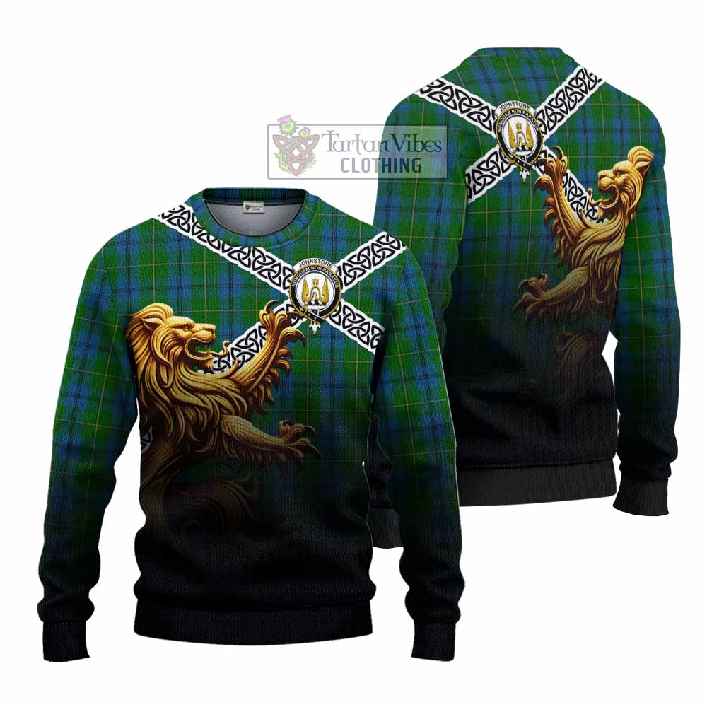 Tartan Vibes Clothing Johnstone (Johnston) Crest Tartan Knitted Sweater with Golden Lion Emblem Celtic Style