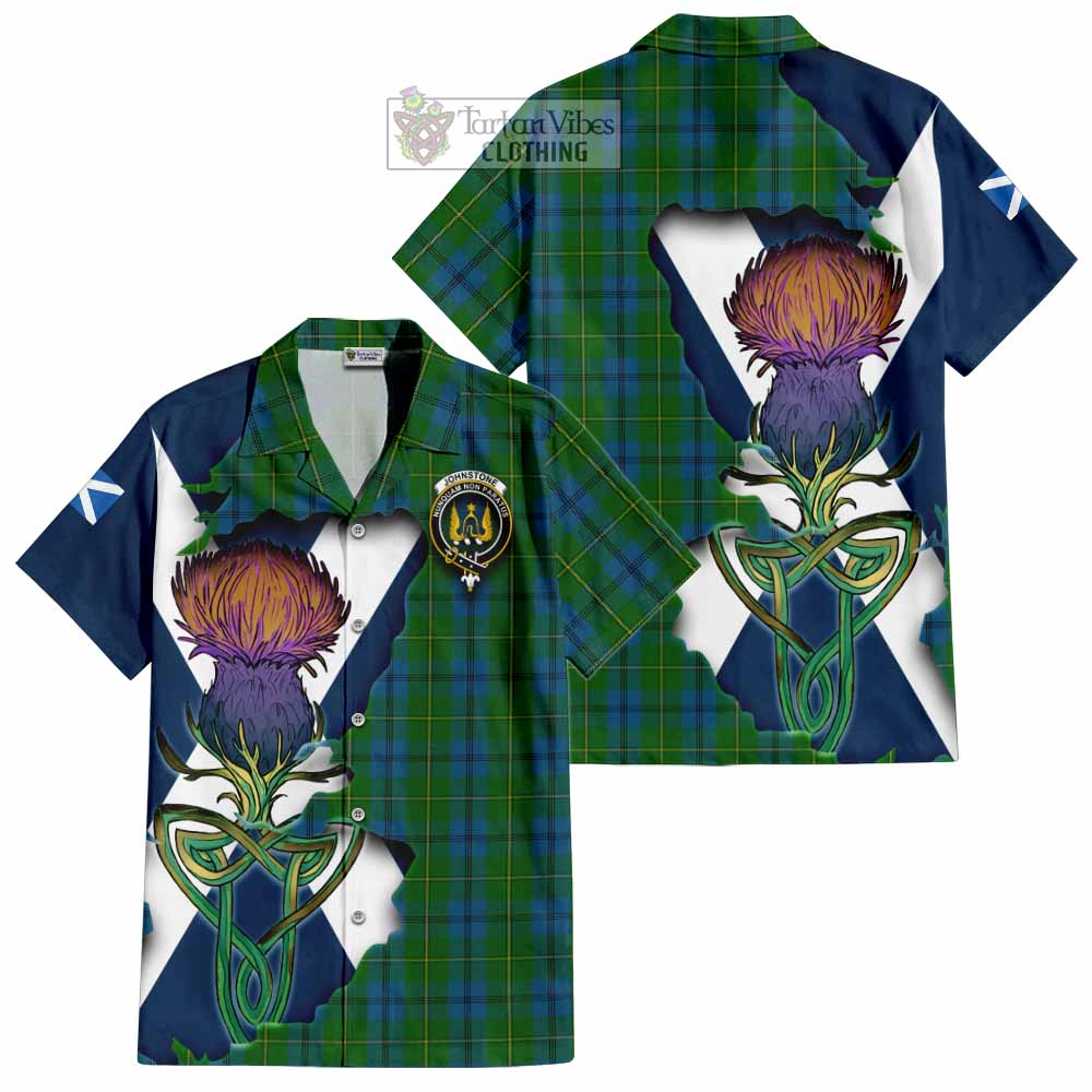 Tartan Vibes Clothing Johnstone (Johnston) Tartan Family Crest Short Sleeve Button Shirt Scottish Thistle Celtic Inspired
