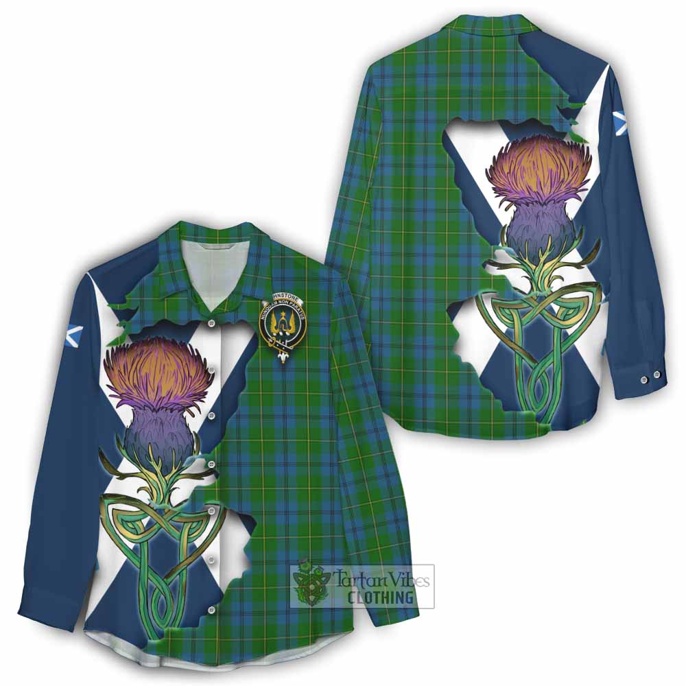 Tartan Vibes Clothing Johnstone (Johnston) Tartan Family Crest Women's Casual Shirt Scottish Thistle Celtic Inspired