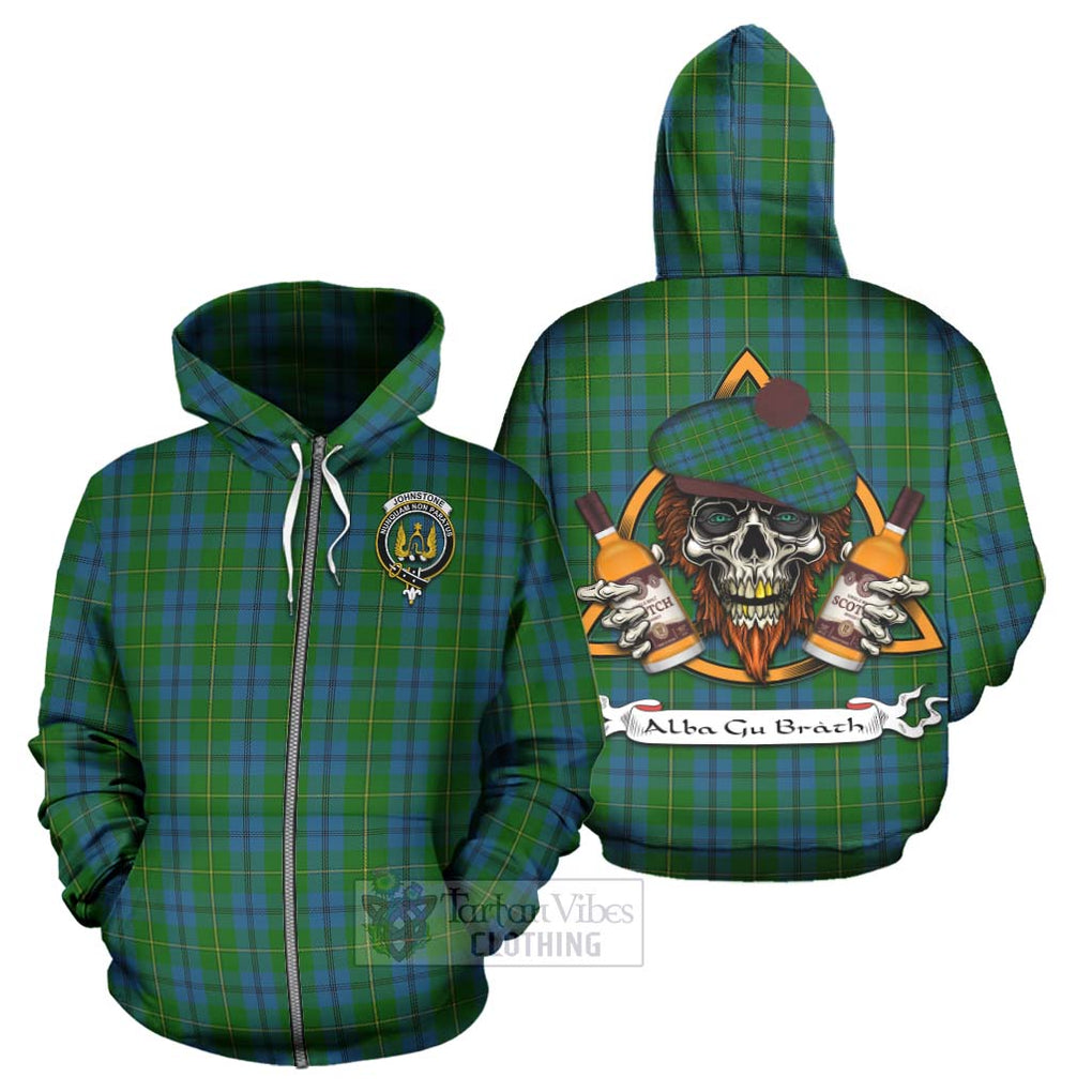 Tartan Vibes Clothing Johnstone (Johnston) Tartan Hoodie with Family Crest and Bearded Skull Holding Bottles of Whiskey