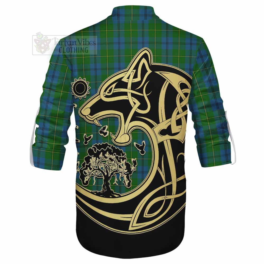 Tartan Vibes Clothing Johnstone (Johnston) Tartan Ghillie Kilt Shirt with Family Crest Celtic Wolf Style