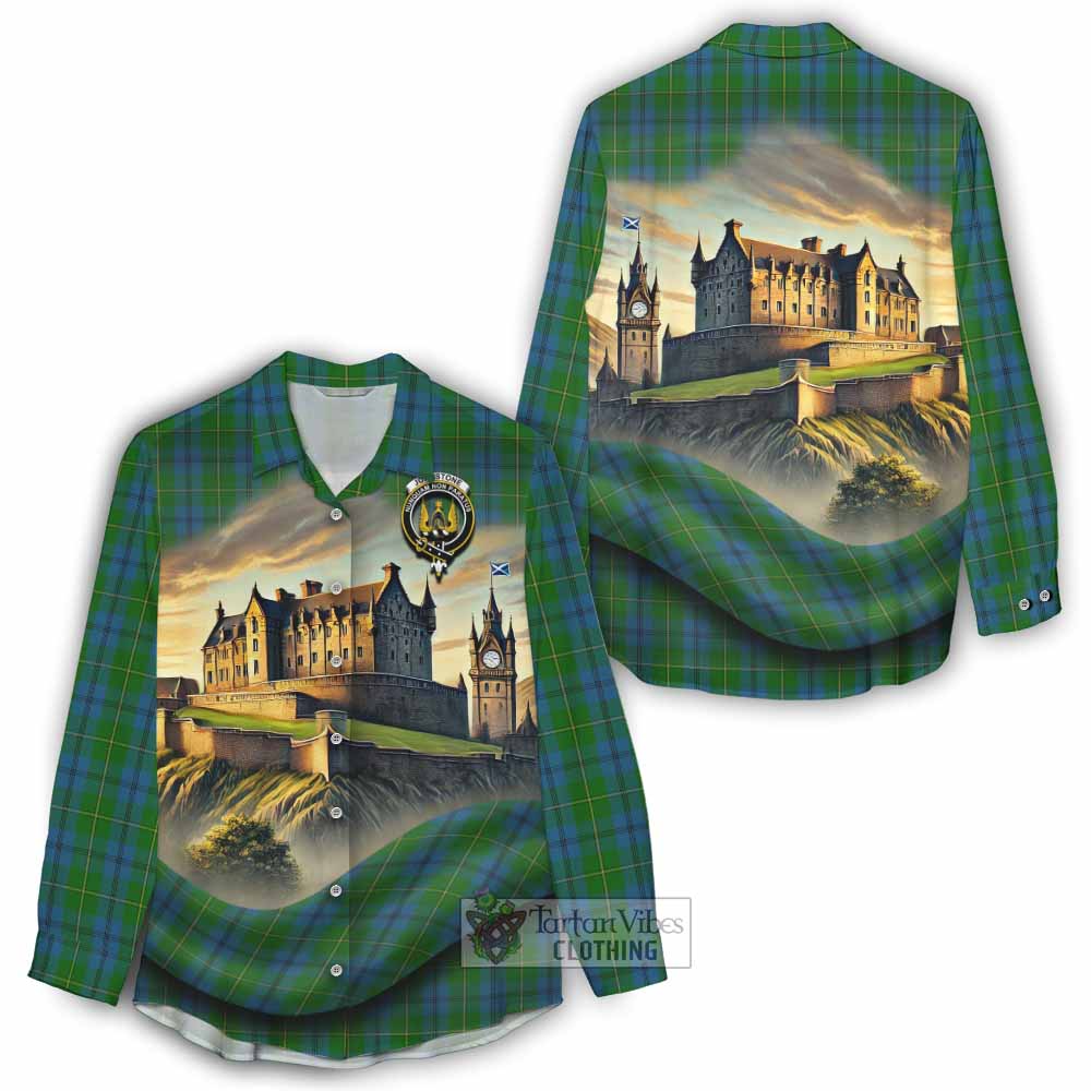 Tartan Vibes Clothing Johnstone (Johnston) Tartan Family Crest Women's Casual Shirt with Scottish Ancient Castle Style