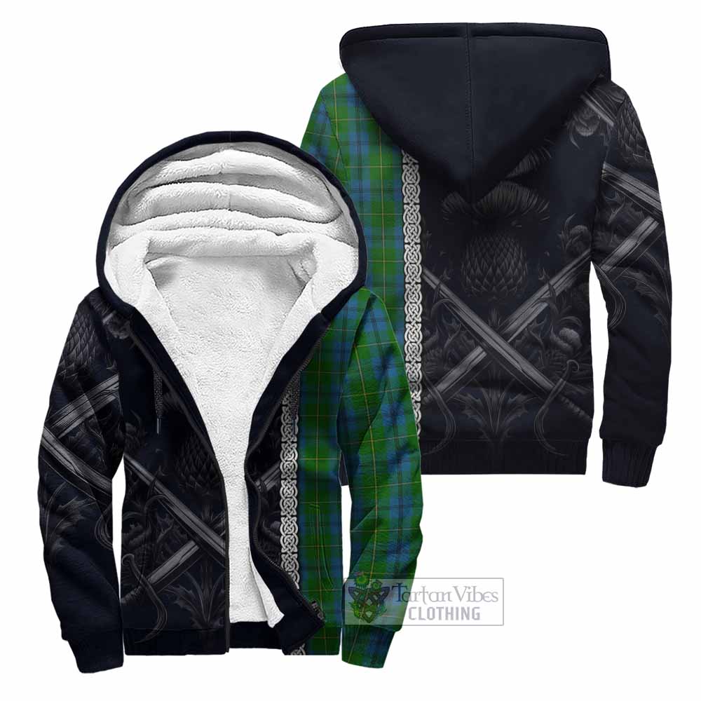 Tartan Vibes Clothing Johnstone (Johnston) Tartan Sherpa Hoodie with Family Crest Cross Sword Thistle Celtic Vibes