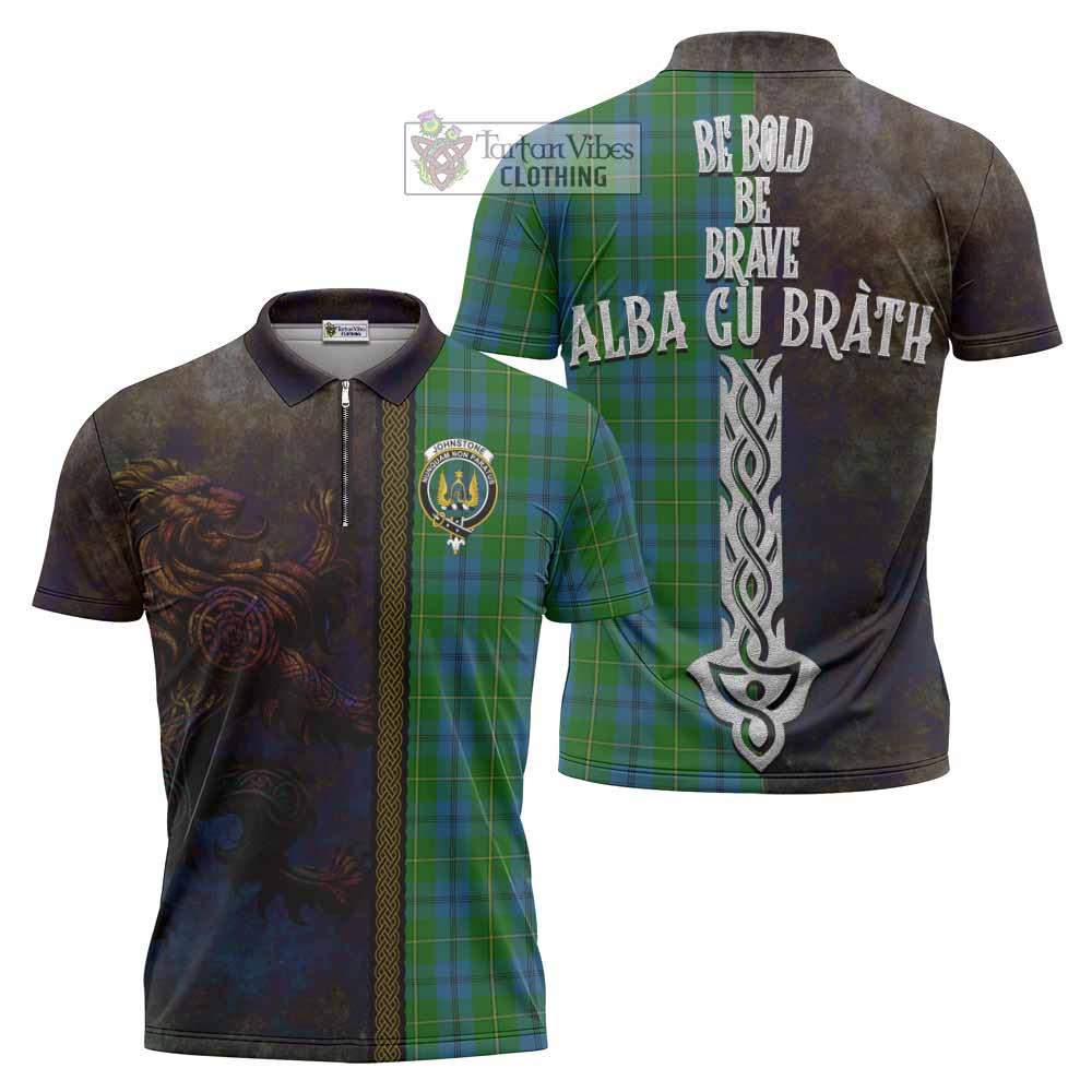 Tartan Vibes Clothing Johnstone (Johnston) Tartan Family Crest Zipper Polo Shirt Alba Gu Brath Be Brave Lion Ancient Style