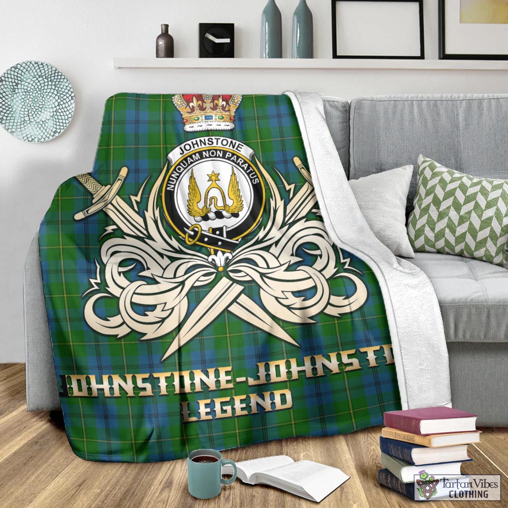 Tartan Vibes Clothing Johnstone-Johnston Tartan Blanket with Clan Crest and the Golden Sword of Courageous Legacy