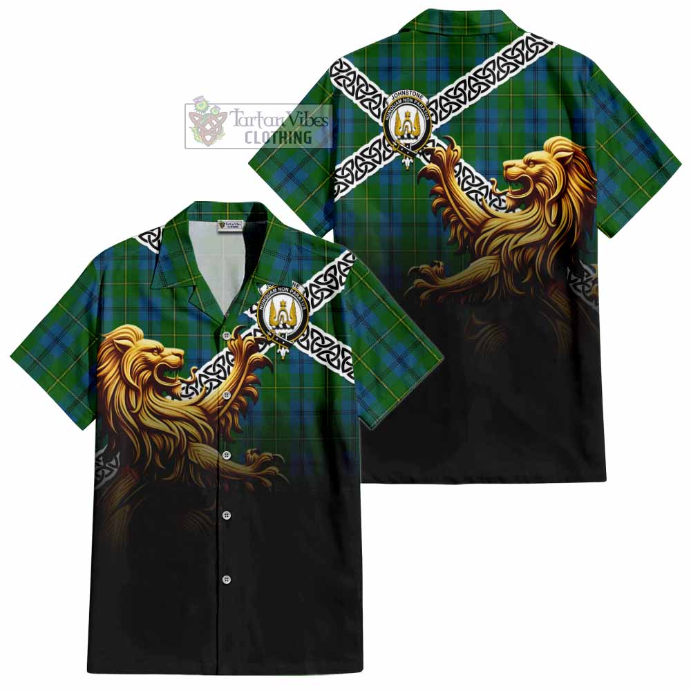 Tartan Vibes Clothing Johnstone (Johnston) Crest Tartan Short Sleeve Button Shirt with Golden Lion Emblem Celtic Style