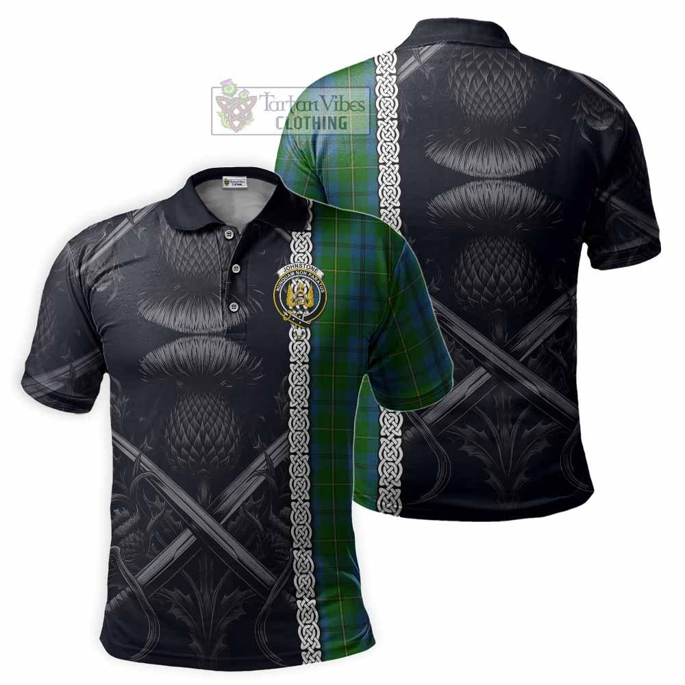 Tartan Vibes Clothing Johnstone (Johnston) Tartan Polo Shirt with Family Crest Cross Sword Thistle Celtic Vibes